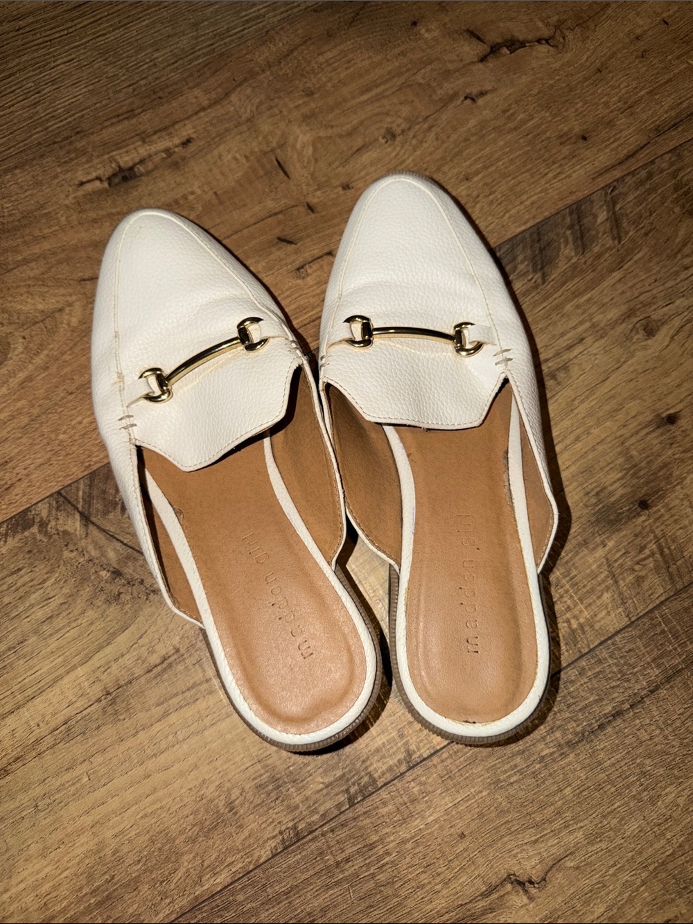 Madden Girl White Leather Slip-On Mules with Gold Bit